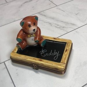 Limoges Box Pient Main France Genuine Authentic Trinket Teddy Bear on Chalkboard